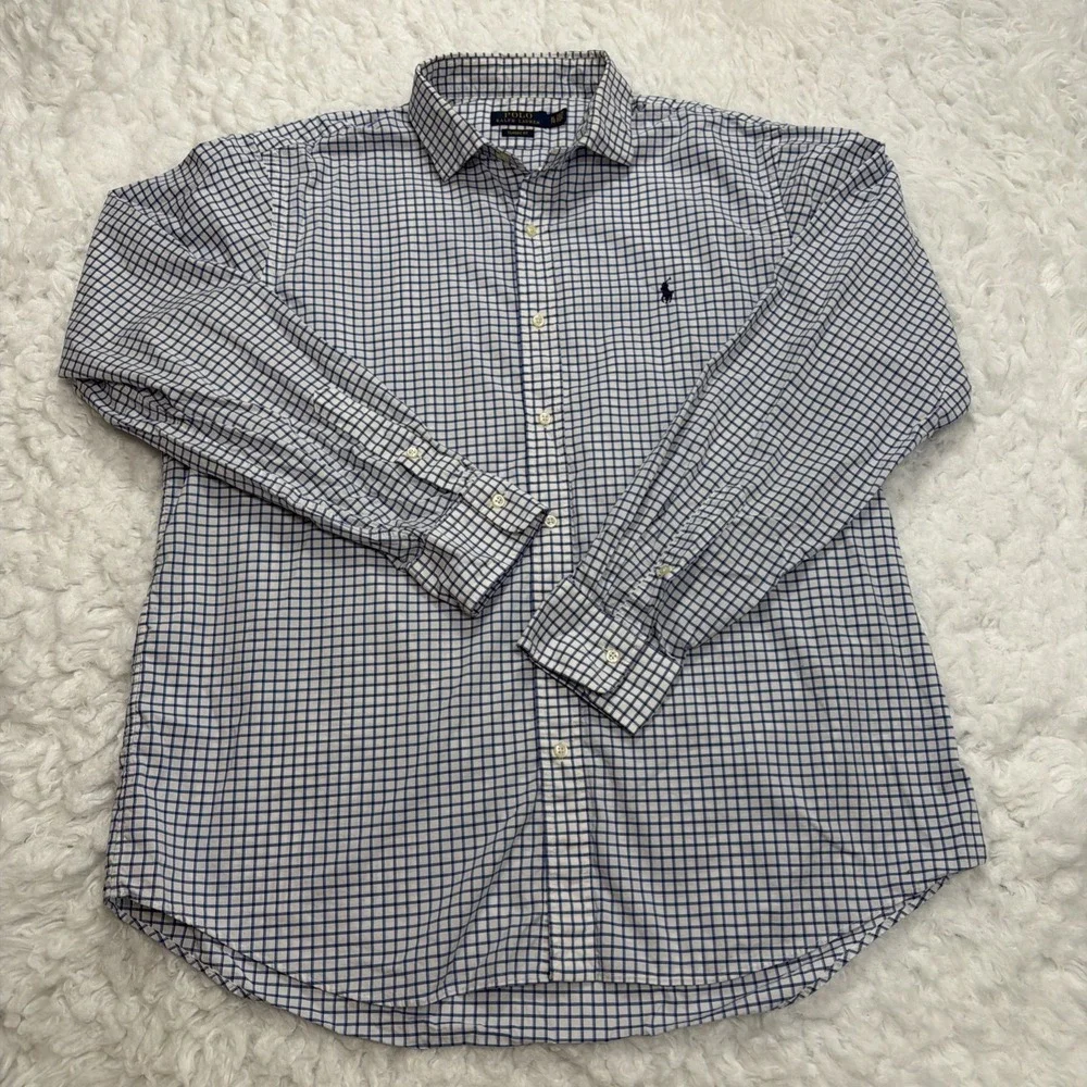 POLO RALPH LAUREN Long Sleeve Button Shirt Men XL Blue‎ White Checked Windowpane